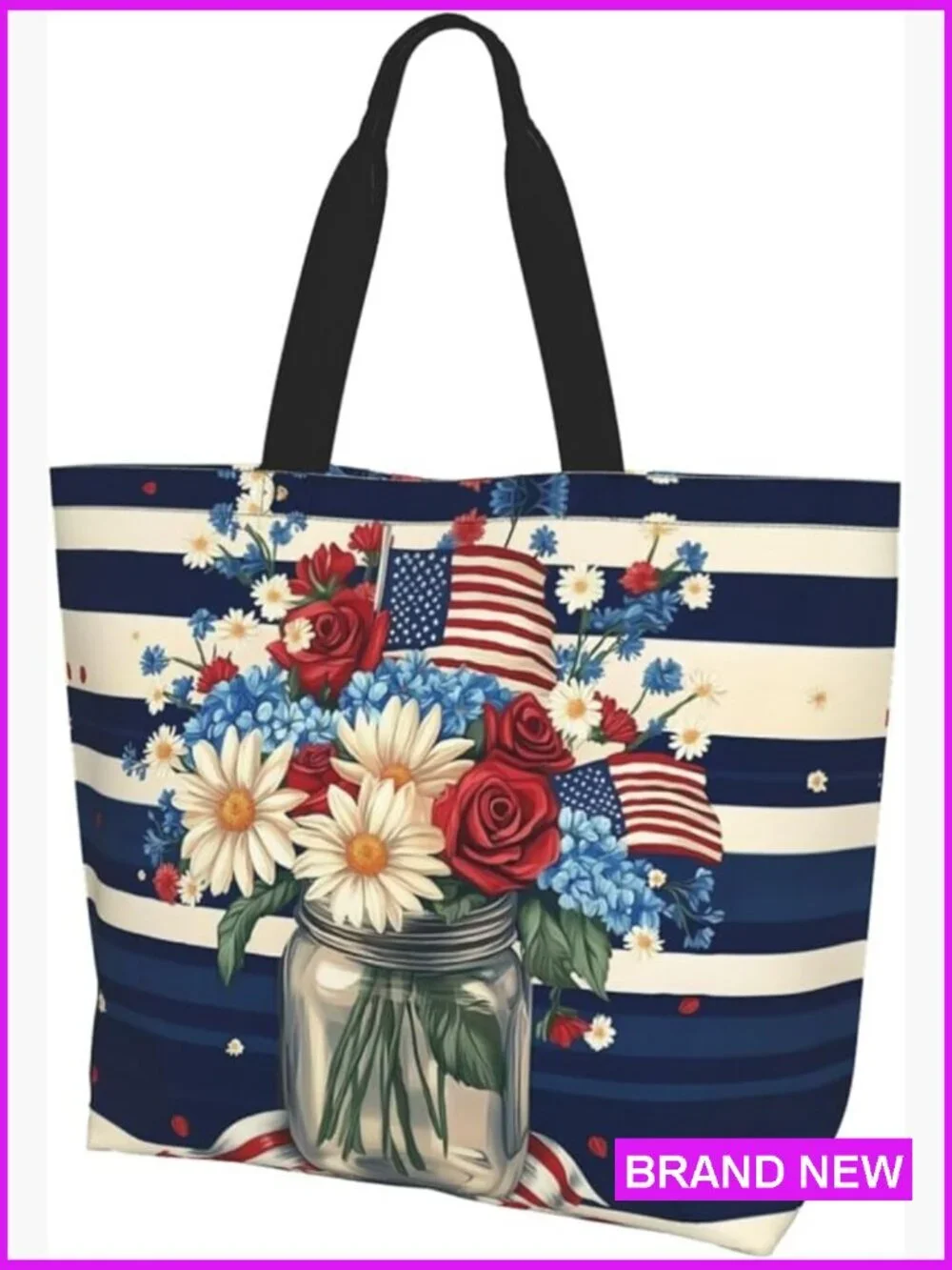 Large Tote Bag With Zipper Reusable Lightweight Patriotic Shopping